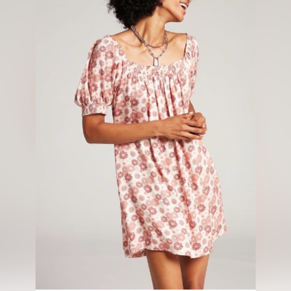 Volcom Floral Mini Dress Pink Puff Sleeve Smocked Size S